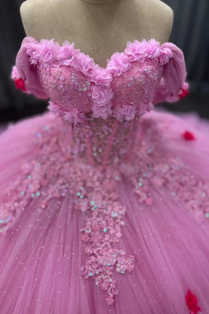 Off Shoulder Sleeveless Beaded Sequins 3D Flower Appliques Pink Quinceañera Dress