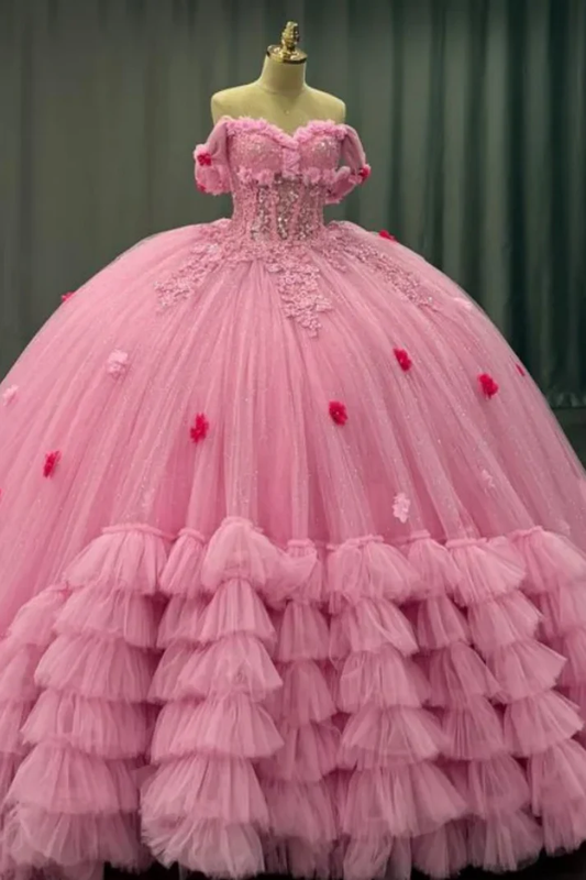 Off Shoulder Sleeveless Beaded Sequins 3D Flower Appliques Pink Quinceañera Dress