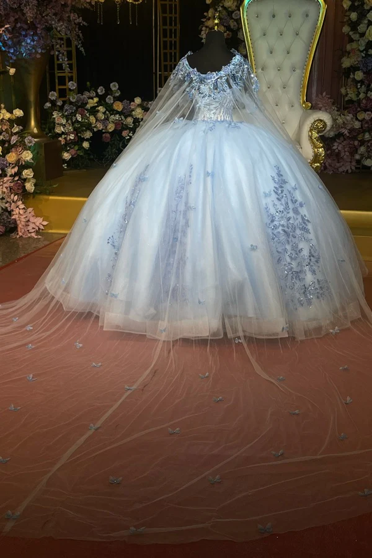 Off Shoulder Sleeveless Beaded Sequins Appleques Blue Quinceanera Dress