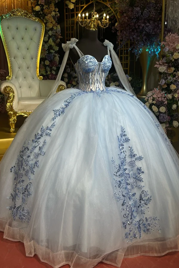 Off Shoulder Sleeveless Beaded Sequins Appleques Blue Quinceanera Dress