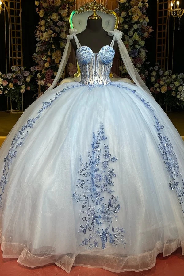 Off Shoulder Sleeveless Beaded Sequins Appleques Blue Quinceanera Dress