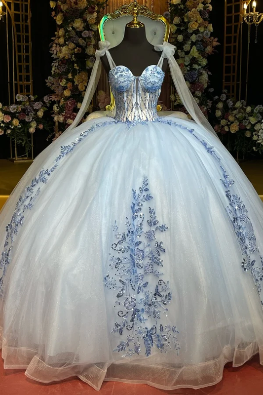 Off Shoulder Sleeveless Beaded Sequins Appleques Blue Quinceanera Dress