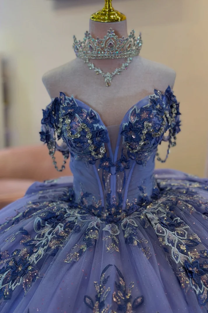 Off Shoulder Sleeveless Beaded Sequins Appliques Bow Knot Lilac Sweet 15 Quinceañera Dress