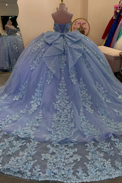 Off Shoulder Sleeveless Beaded Sequins Appliques Ruffles Bow Knot Blue Sweet 15 Quinceañera Dress