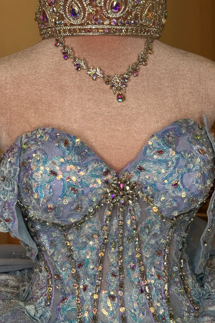 Off Shoulder Sleeveless Beaded Sequins Appliques Ruffles Bow Knot Blue Sweet 15 Quinceañera Dress