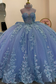 Off Shoulder Sleeveless Beaded Sequins Appliques Ruffles Bow Knot Blue Sweet 15 Quinceañera Dress
