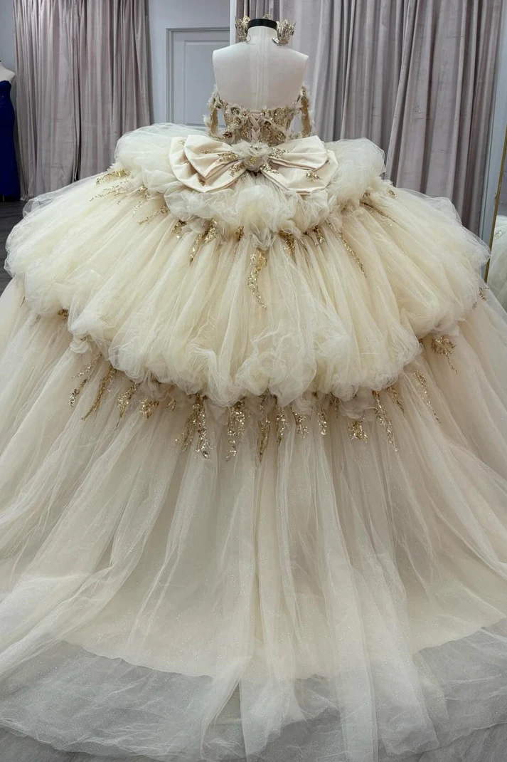 Off Shoulder Sleeveless Gold Sequins Appliques Bow Knot Champagne Quinceañera Dress