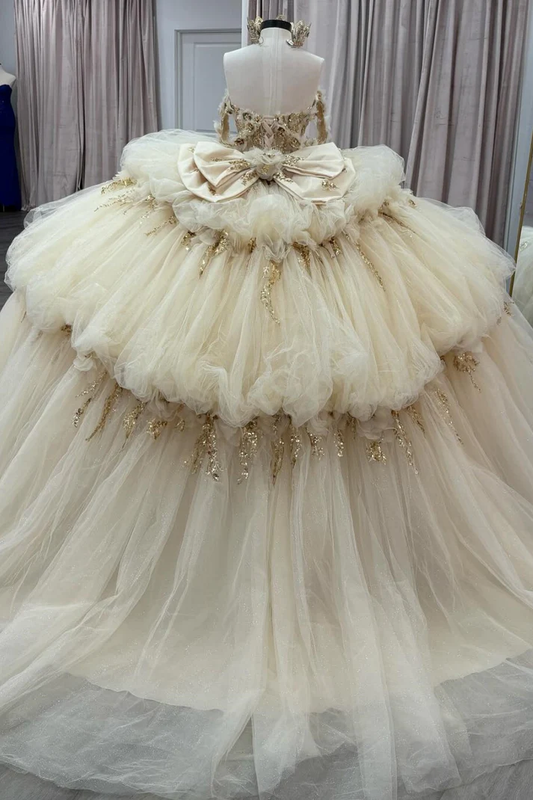 Off Shoulder Sleeveless Gold Sequins Appliques Bow Knot Champagne Quinceañera Dress