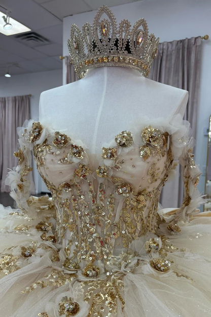 Off Shoulder Sleeveless Gold Sequins Appliques Bow Knot Champagne Quinceañera Dress