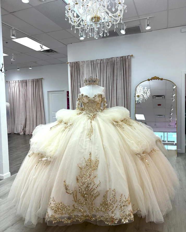 Off Shoulder Sleeveless Gold Sequins Appliques Bow Knot Champagne Quinceañera Dress