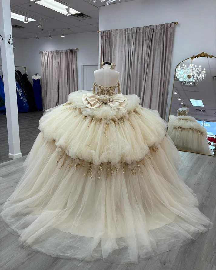 Off Shoulder Sleeveless Gold Sequins Appliques Bow Knot Champagne Quinceañera Dress