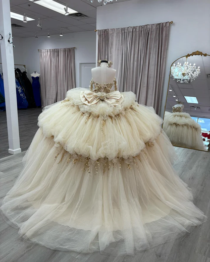 Off Shoulder Sleeveless Gold Sequins Appliques Bow Knot Champagne Quinceañera Dress