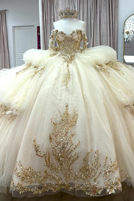 Off Shoulder Sleeveless Gold Sequins Appliques Bow Knot Champagne Quinceañera Dress