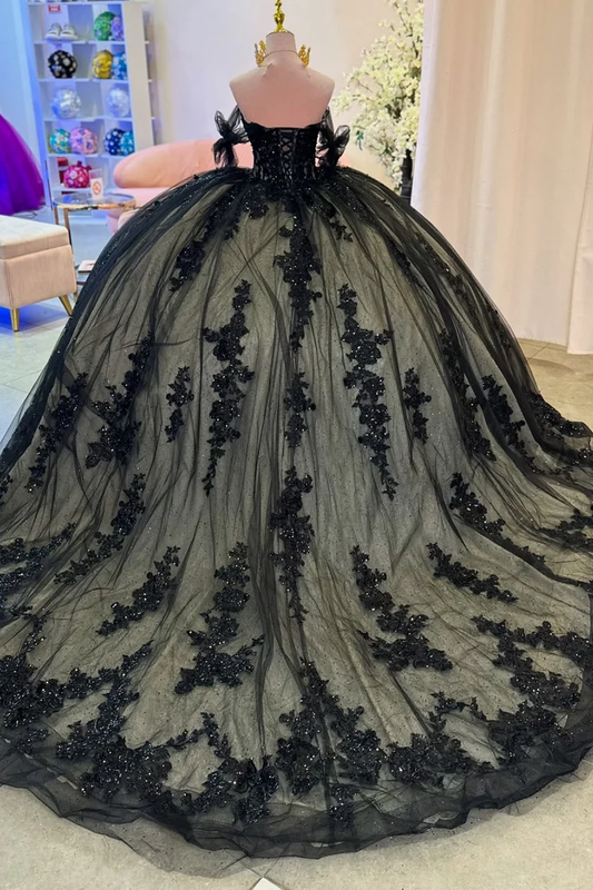 Off Shoulder Sleeveless Sequins Appliques Black Sweet 15 Quinceañera Dress