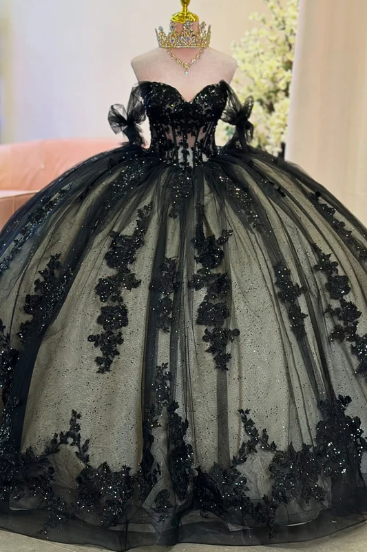 Off Shoulder Sleeveless Sequins Appliques Black Sweet 15 Quinceañera Dress