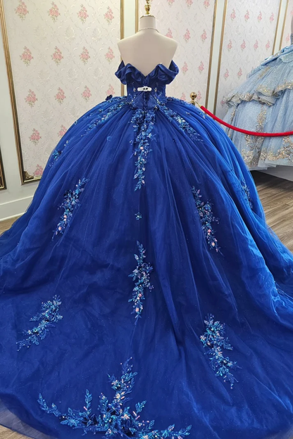 Off Shoulder Sleeveless Sequins Appliques Royal Blue Sweet 15 Quinceañera Dresses
