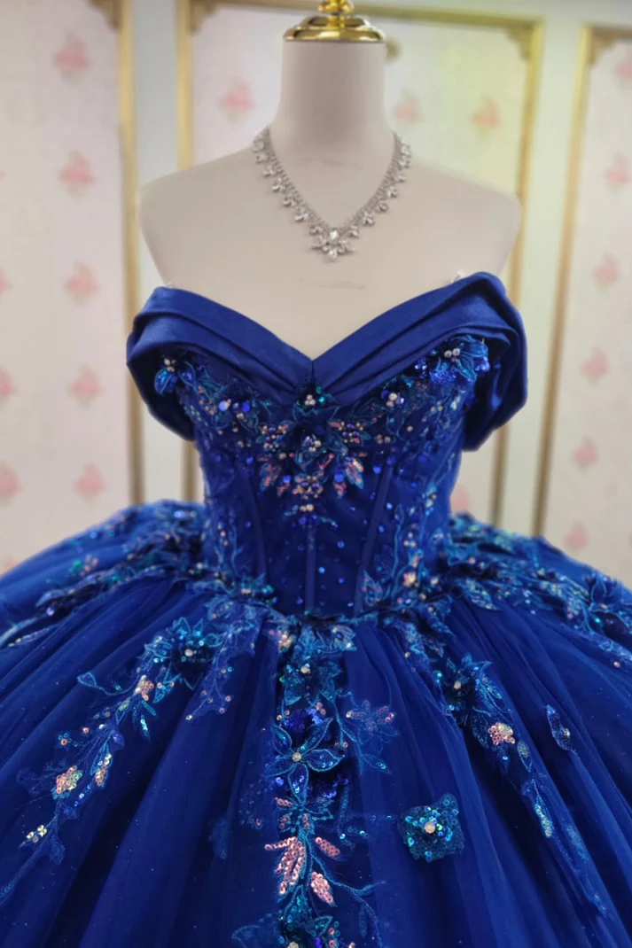 Off Shoulder Sleeveless Sequins Appliques Royal Blue Sweet 15 Quinceañera Dresses