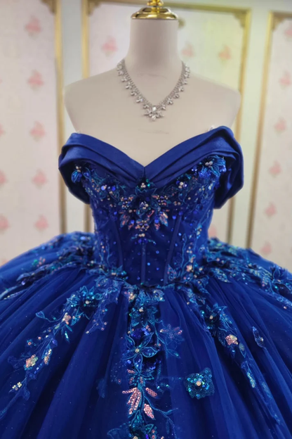 Off Shoulder Sleeveless Sequins Appliques Royal Blue Sweet 15 Quinceañera Dresses