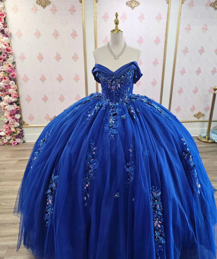Off Shoulder Sleeveless Sequins Appliques Royal Blue Sweet 15 Quinceañera Dresses