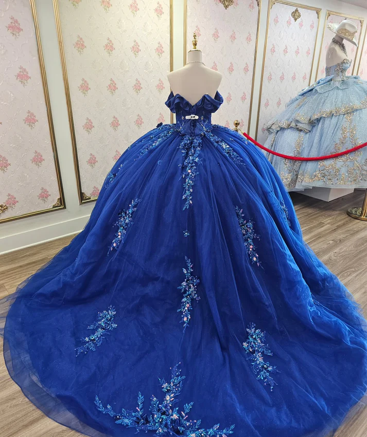 Off Shoulder Sleeveless Sequins Appliques Royal Blue Sweet 15 Quinceañera Dresses