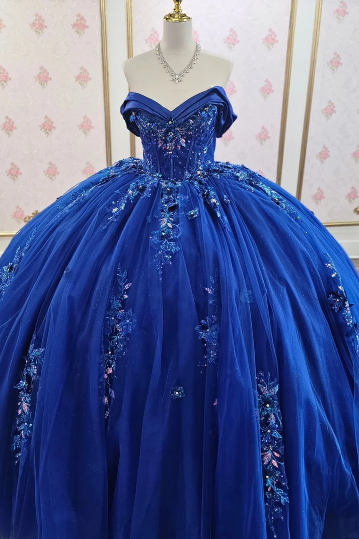 Off Shoulder Sleeveless Sequins Appliques Royal Blue Sweet 15 Quinceañera Dresses