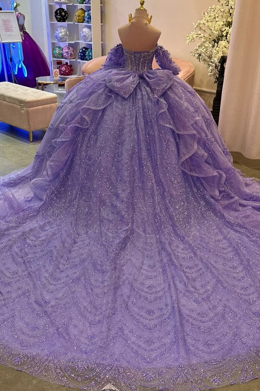 Off Shoulder Sleeves Beaded Sequins Appliques Bow Knot Ruffles Lilac Sweet 15 Quinceañera Dress