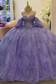 Off Shoulder Sleeves Beaded Sequins Appliques Bow Knot Ruffles Lilac Sweet 15 Quinceañera Dress