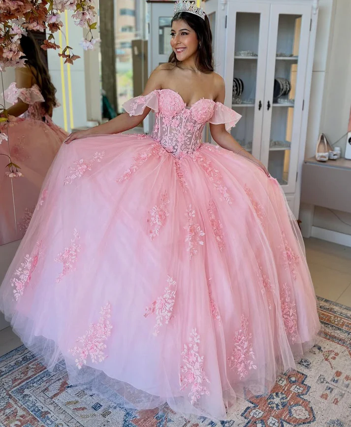 Off Shoulder Tulle Appliqued Corset Pink Quinceanera Dresses for Sweet 16 Birthday