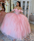 Off Shoulder Tulle Appliqued Corset Pink Quinceanera Dresses for Sweet 16 Birthday