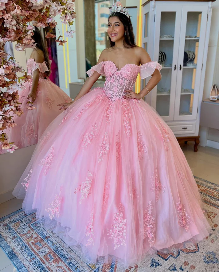 Off Shoulder Tulle Appliqued Corset Pink Quinceanera Dresses for Sweet 16 Birthday