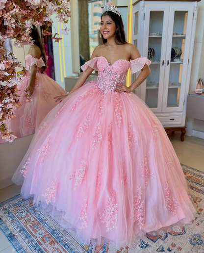 Off Shoulder Tulle Appliqued Corset Pink Quinceanera Dresses for Sweet 16 Birthday