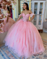 Off Shoulder Tulle Appliqued Corset Pink Quinceanera Dresses for Sweet 16 Birthday