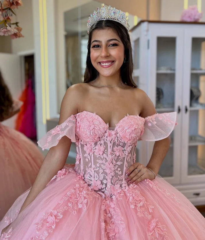Off Shoulder Tulle Appliqued Corset Pink Quinceanera Dresses for Sweet 16 Birthday