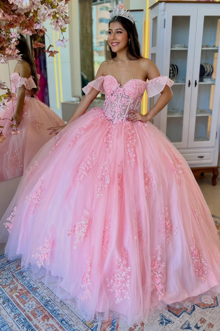 Off Shoulder Tulle Appliqued Corset Pink Quinceanera Dresses for Sweet 16 Birthday