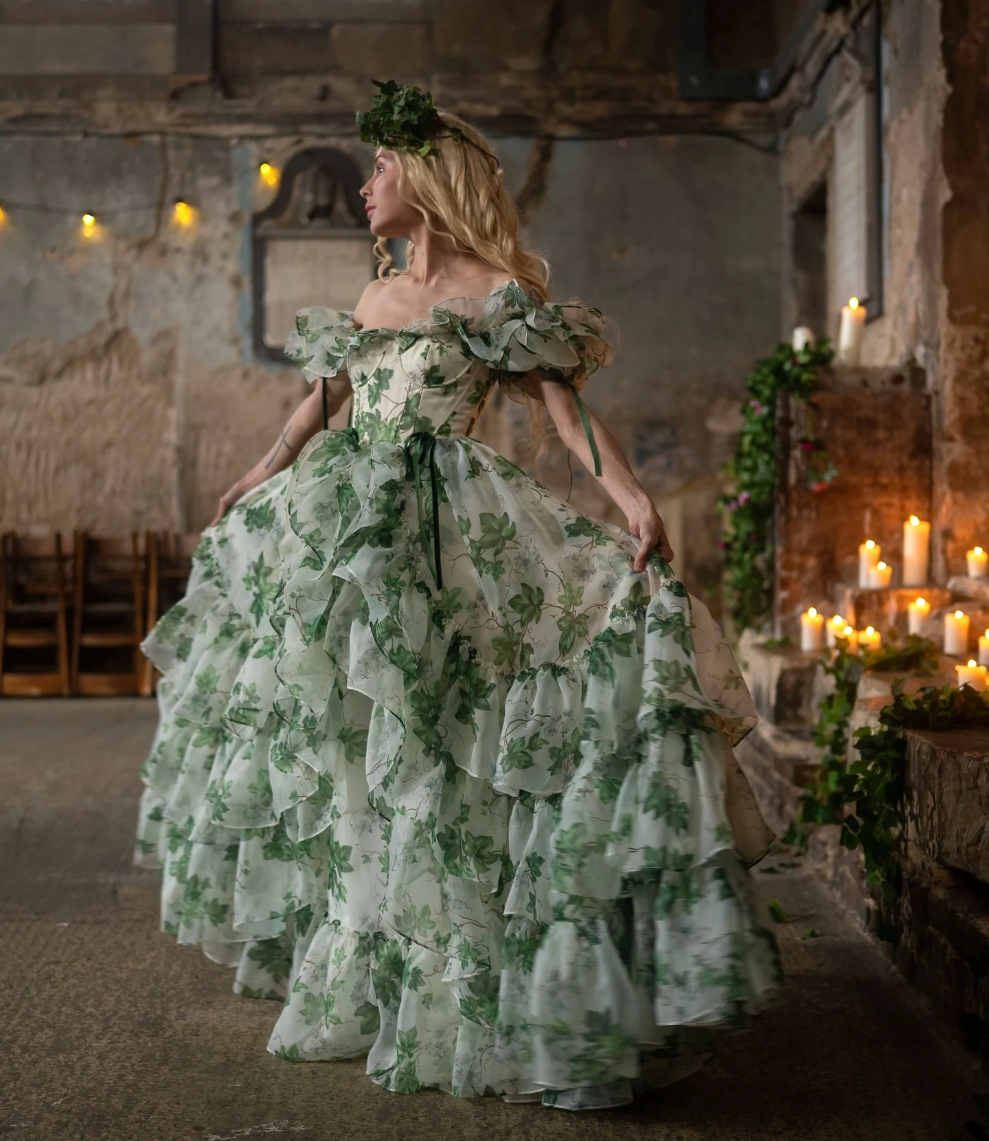 Off The Shoulder Print Mesh Maxi Dress Romantic Princess Floral Printing Prom Dress Vintage Layered Organza Long Prom Gowns