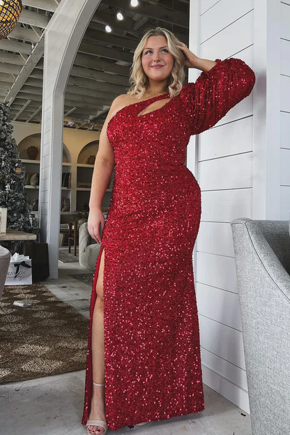 One Shoulder Long Lantern Sleeve Sequins Burgundy Prom Dress with Side Slit