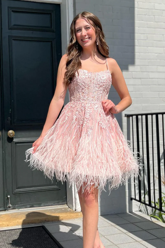 Peach Scoop Neck Appliques Short Homecoming Dress with Feather
