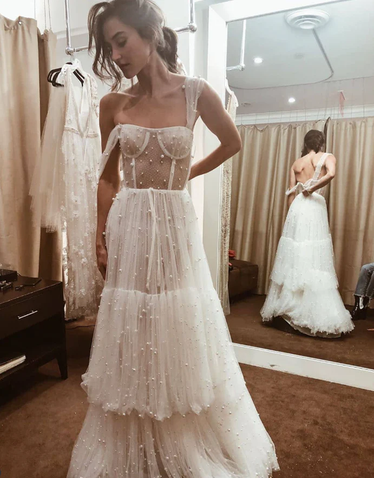 Pearl Ball Gown Spaghetti Strap White Tulle Prom Dress Wedding Dress