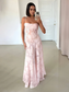 Pink - Sheath Satin Floral Spaghetti Straps Long Prom Dresses