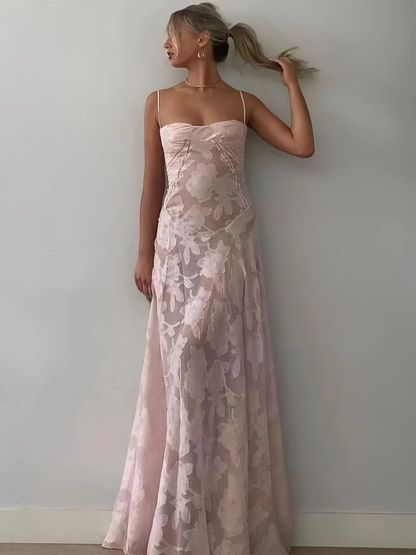 Pink - Sheath Satin Floral Spaghetti Straps Long Prom Dresses