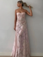 Pink - Sheath Satin Floral Spaghetti Straps Long Prom Dresses