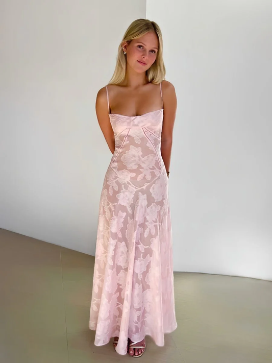 Pink - Sheath Satin Floral Spaghetti Straps Long Prom Dresses