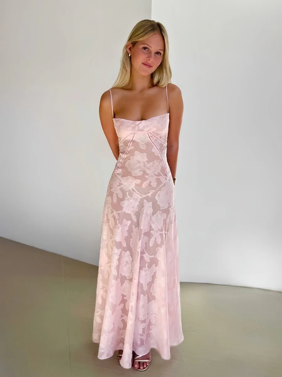 Pink - Sheath Satin Floral Spaghetti Straps Long Prom Dresses