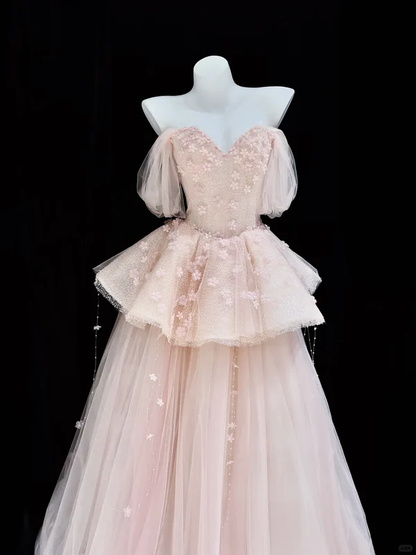Pink Ball Gown Off the Shoulder Beaded Sequin Floral Tulle Prom Dresses Birthday Dresses