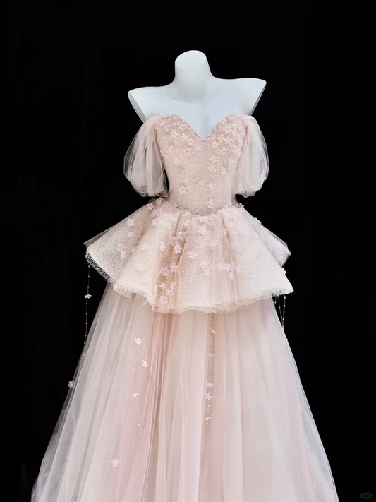 Pink Ball Gown Off the Shoulder Beaded Sequin Floral Tulle Prom Dresses Birthday Dresses