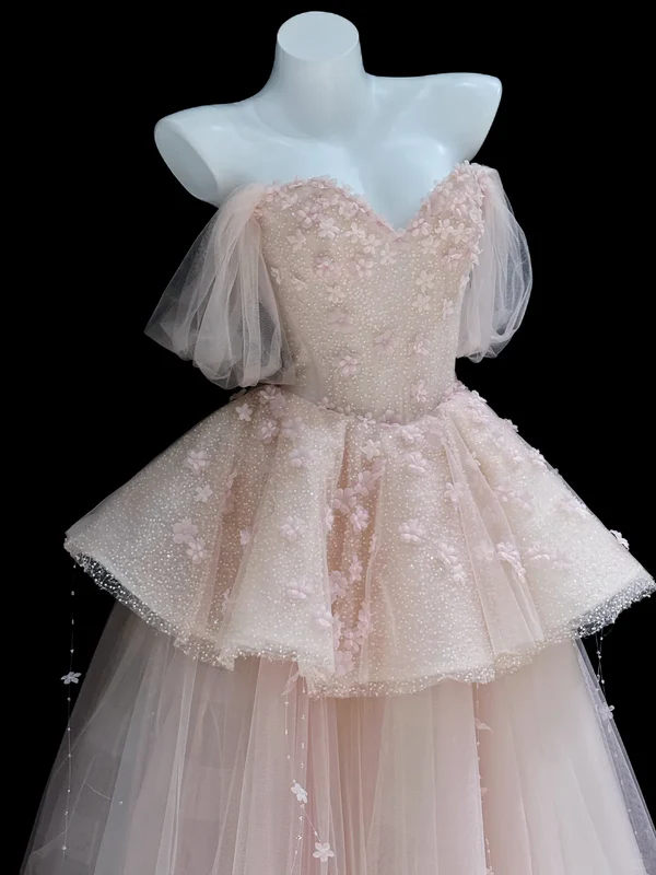 Pink Ball Gown Off the Shoulder Beaded Sequin Floral Tulle Prom Dresses Birthday Dresses