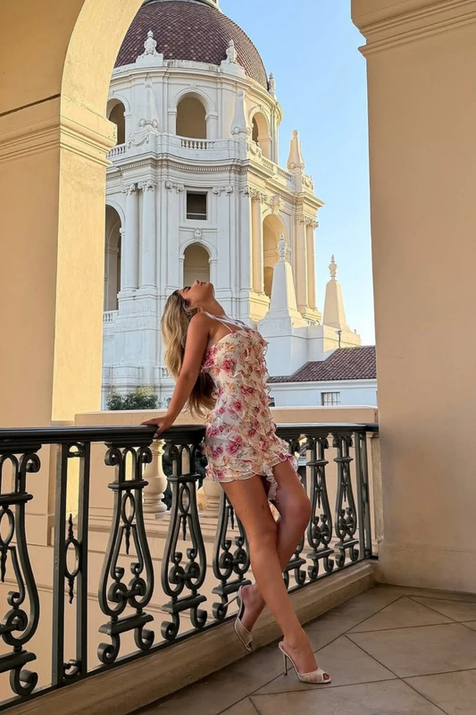 Pink Floral Ruffle Spaghetti Straps Mini Sheath Homecoming Dress