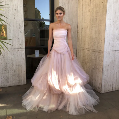 Pink Puffy Prom Gowns Lush Layered Strapless Party Dress Custom Made Long Prom Gown Soft Tulle Sleeveless