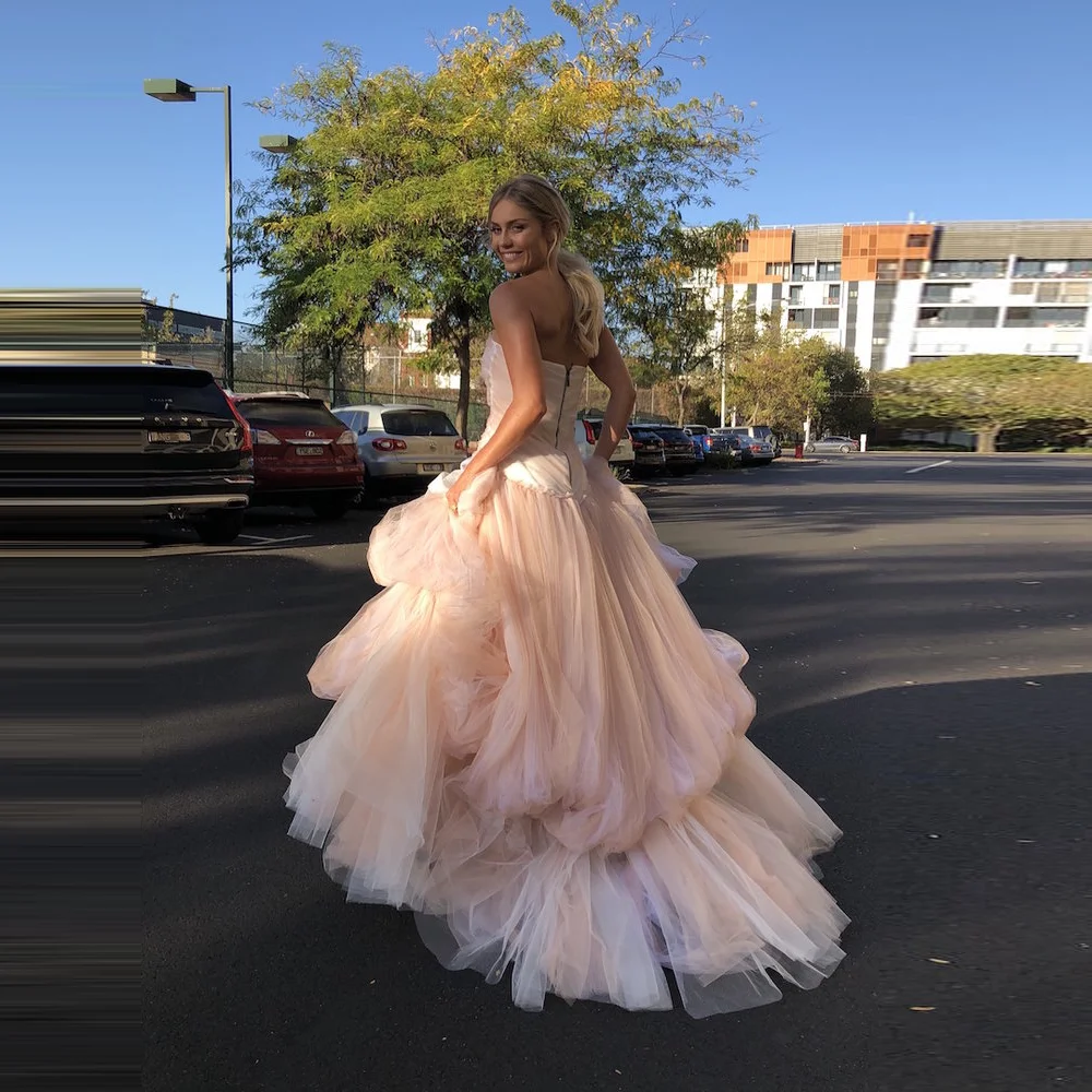 Pink Puffy Prom Gowns Lush Layered Strapless Party Dress Custom Made Long Prom Gown Soft Tulle Sleeveless