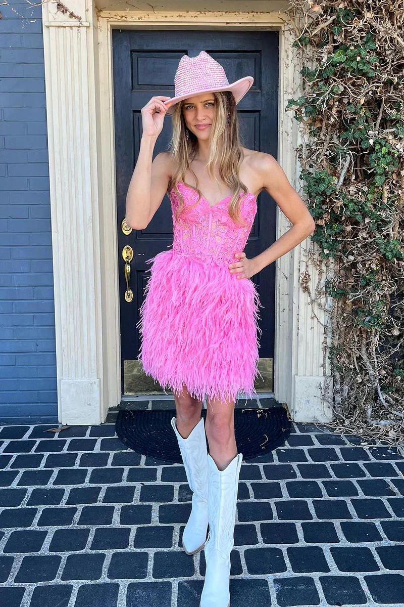 Pink Strapless Appliques Short Homecoming Dress with Feather